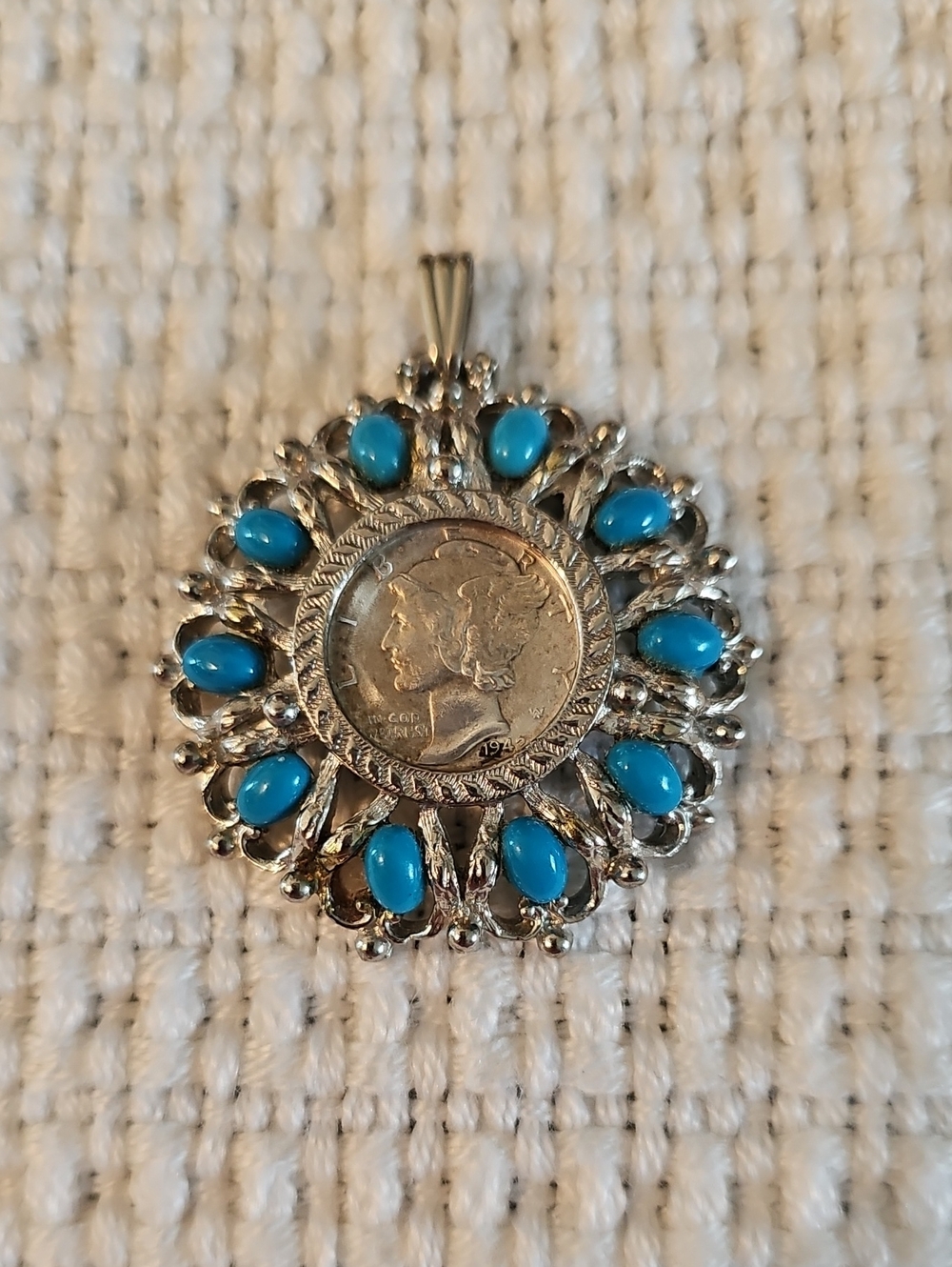 Roma Silver Coin Pendant with Bright Turquoise Colored Cabochons